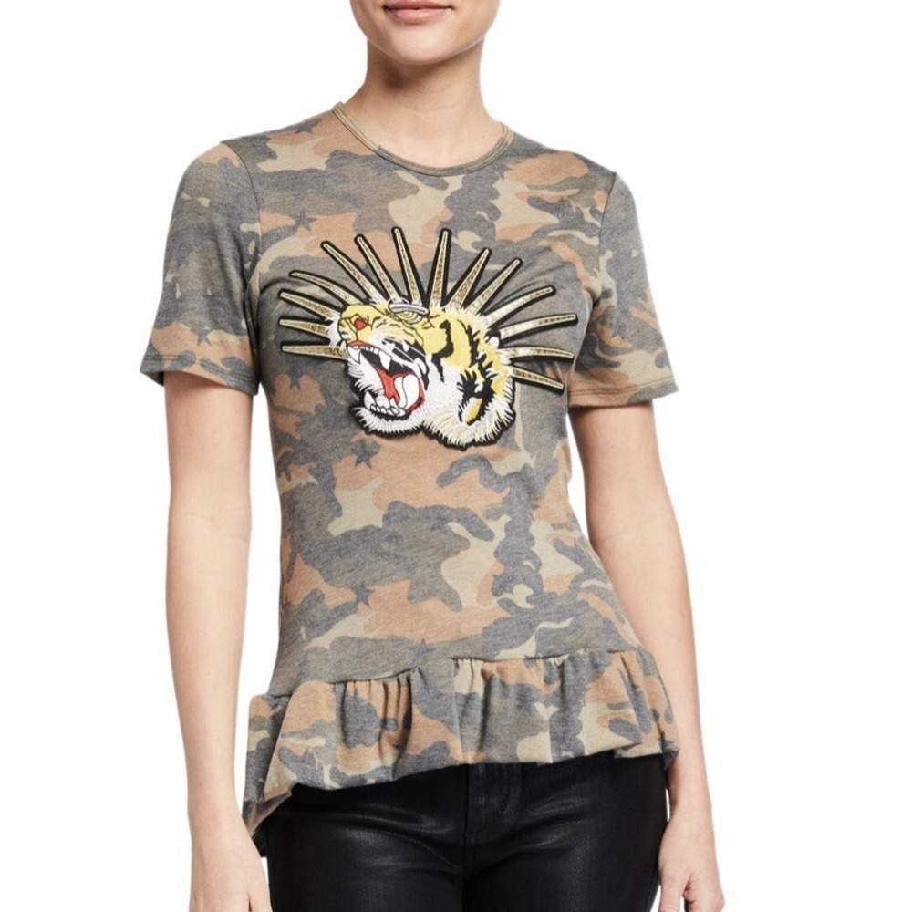 Melissa Masse Camo Tiger Embroidered Ruffle Hem T Shirt NWOT Size XS